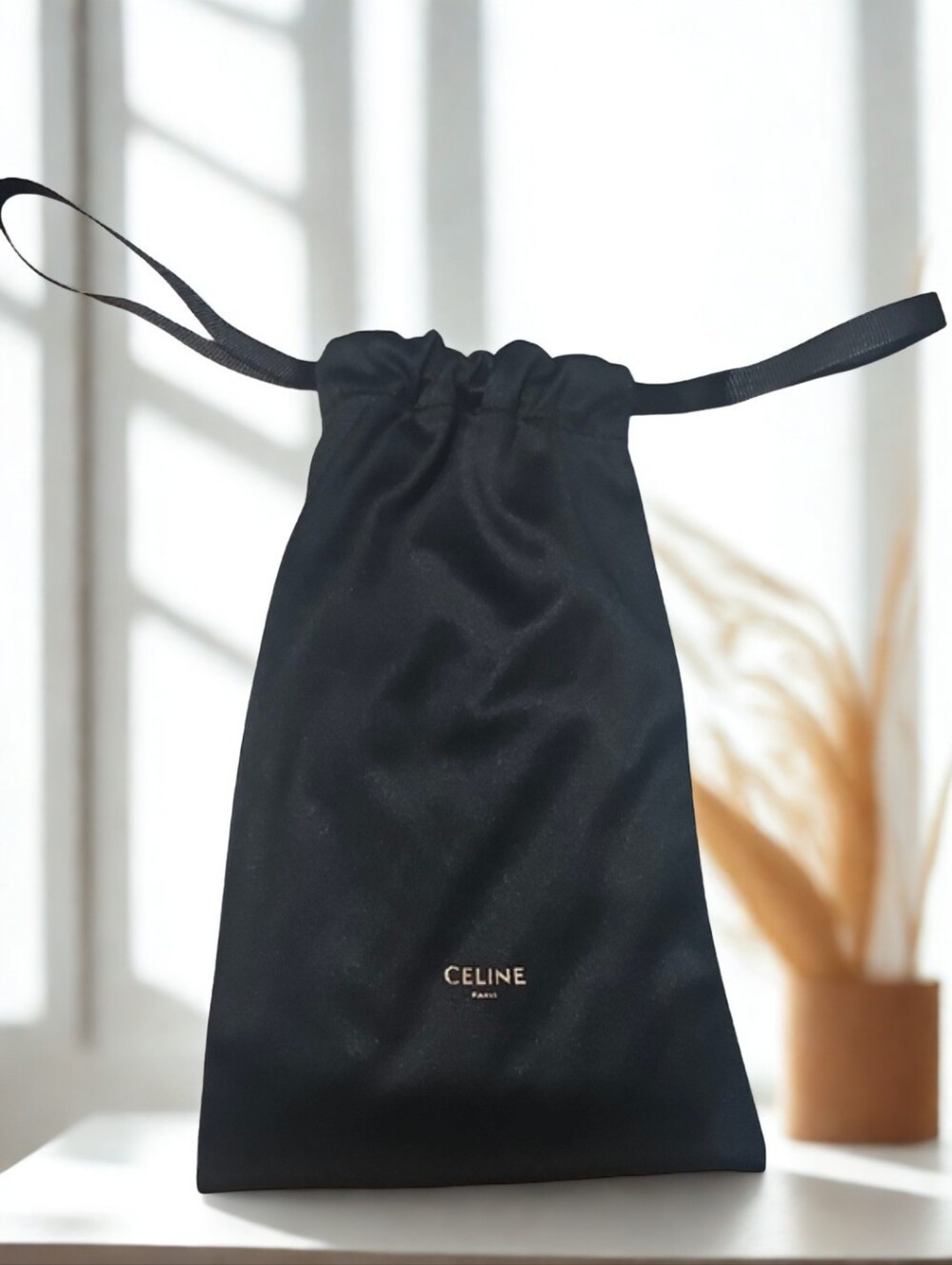 Celine Black Satin Drawstring Pouch with Gold Logo/EmptyCase/new